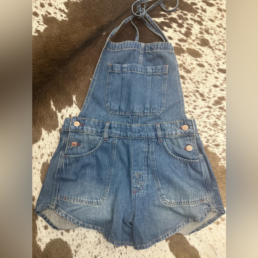 Free People Blue Denim Short Overalls